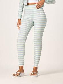 Missguided x Playboy Women's High Rise Striped Leggings With Star Print Detail Soft Jersey Knit Full Length Fitted Elastic Waistband Casual Everyday Activewear - Multicolor - View 1