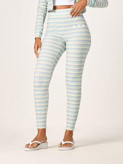 Missguided x Playboy Women's High Rise Striped Leggings With Star Print Detail Soft Jersey Knit Full Length Fitted Elastic Waistband Casual Everyday Activewear
