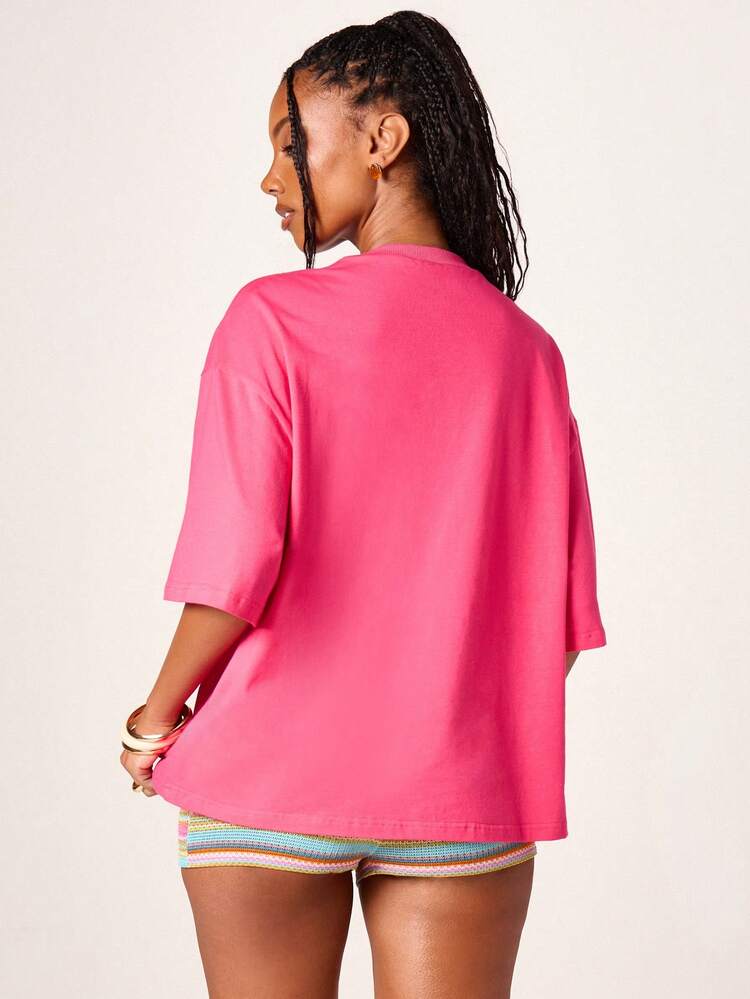 MISSGUIDED Women's Oversized Pink Short Sleeve Crew Neck Chill Kiwi Graphic Print T-Shirt Casual Summer Streetwear Tee