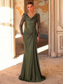 Aureia Elegante y lujoso vestido con cuello de volantes elástico con bordado de flores abullonadas, lentejuelas y diamantes, mangas transparentes de sirena, adecuado para bodas, fiestas, vacaciones, novia, madre de la novia y vestidos de noche - Verde - Ver 7