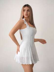 Sweetina Đầm ngắn nữ thanh lịch, thêu hoa, xếp ly eo, thích hợp cho hẹn hò và tiệc tùng. - trắng - Xem 5
