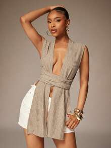 Denimoi Plunge Neck Waist Wrap Textured Top Sexy Tops Brunch Tops Vacation Tops - Camel - View 4