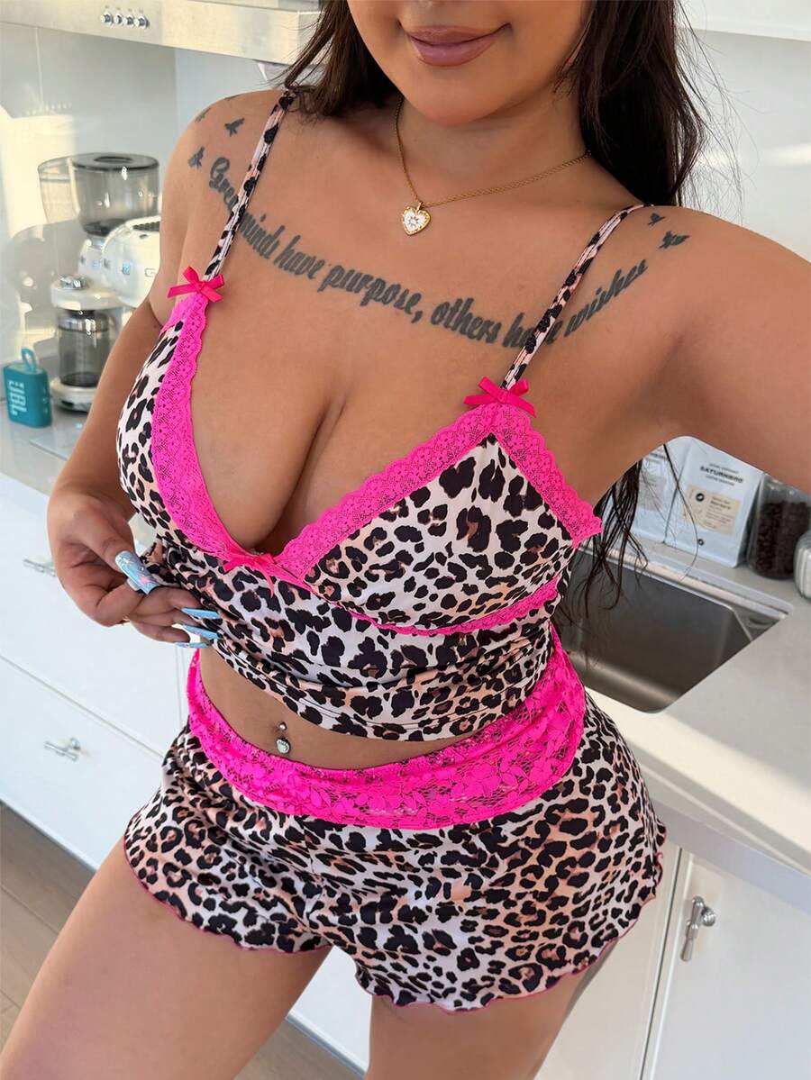 SHEIN Sexy Leopard Print Lace Trim Bow Decor Camisole & Shorts Sleepwear Set, Plus Size - Multicolor - View 1