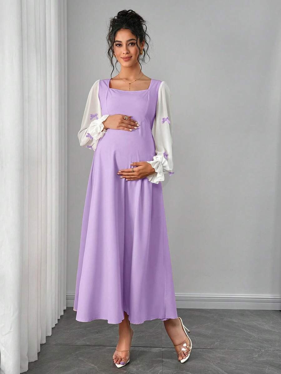 Momance 荷叶边灯笼袖孕妇连衣裙，蝴蝶结装饰方领，后背褶皱蝴蝶结系带，A字型长裙 - 淡紫色 - 查看 1