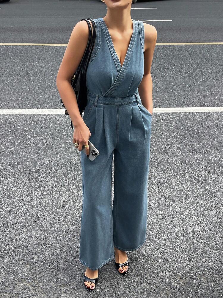 1pc Women's Solid Color Wrap Front Sleeveless Jumpsuit With Wide Leg Pants, Casual Summer Denim Bib Pants And Romper