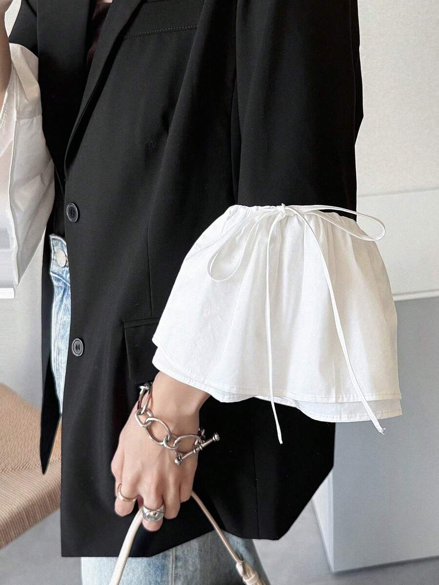 FRIFUL Áo khoác blazer nữ phối màu tương phản, dáng rộng, thoải mái, cổ tay buộc nơ, thích hợp cho mùa xuân/hè. - màu đen - Xem 1