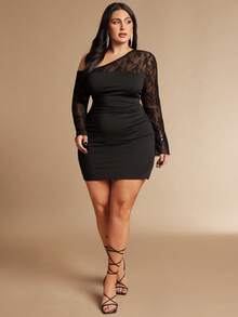 SHEIN BAE Plus Size Lace Patchwork Short Dress With Long Sleeves,Black,Autumn,Elegant,Formal,Evening,Night Out Club,Wedding Guest,Prom,Party,Graduation - Black - View 5