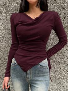 DAZY Women's Solid Color Draped Neck Drawstring Side Long Sleeve Casual T-Shirt For Spring And Autumn - Burgundy - View 2