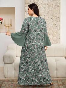 Al Najma 大码女式优雅派对 V 领蕾丝拼布复古印花喇叭袖连衣裙 - 彩色 - 查看 2