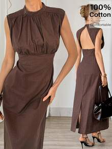 MSSiren Gaze Vestido sin mangas elegante marrón para mujer con cuello alto simulado y diseño de cintura plisada con espalda descubierta para eventos d - Marrón Chocolate - Ver 5