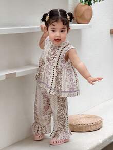 DAZY Baby Girl Casual Floral Print Sleeveless Shirt And Pants Set, Summer - Apricot - View 1