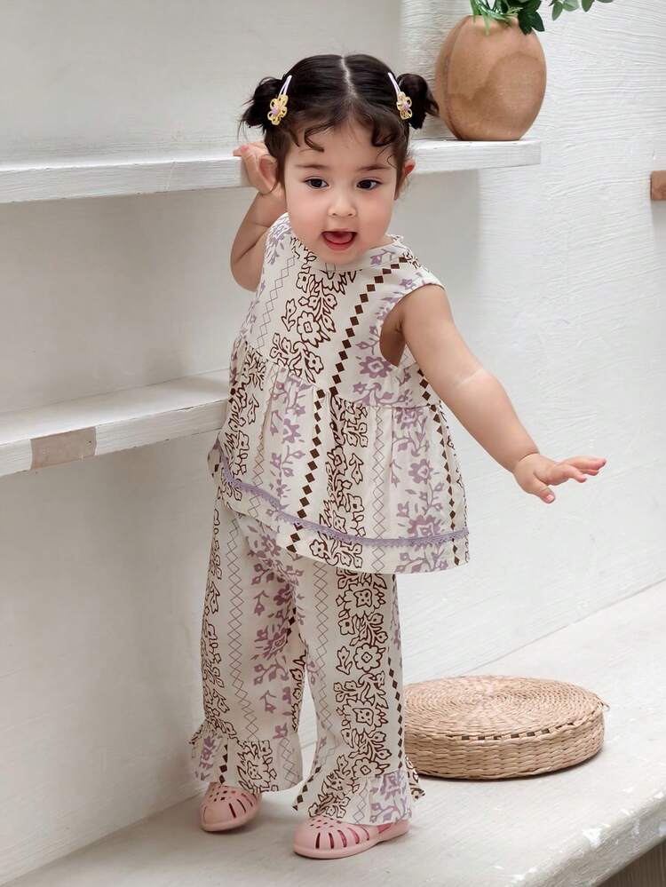 Baby Girl Casual Floral Print Sleeveless Shirt And Pants Set, Summer