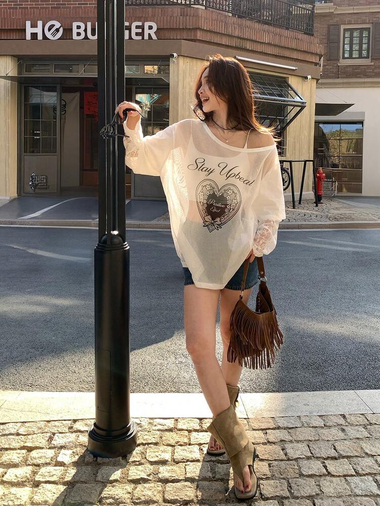 Women's Oblique Shoulder Korean Style Mesh Long Sleeve Printed Blouse Oversized