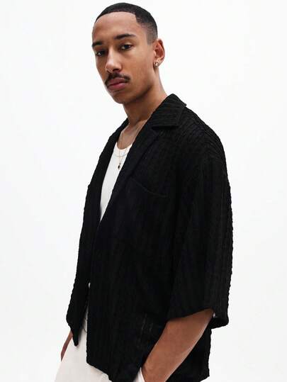 SUMWON Men's Black Textured Short Sleeve Button Down Shirt Open Front Lightweight Summer Casual Relaxed Fit Collared Top