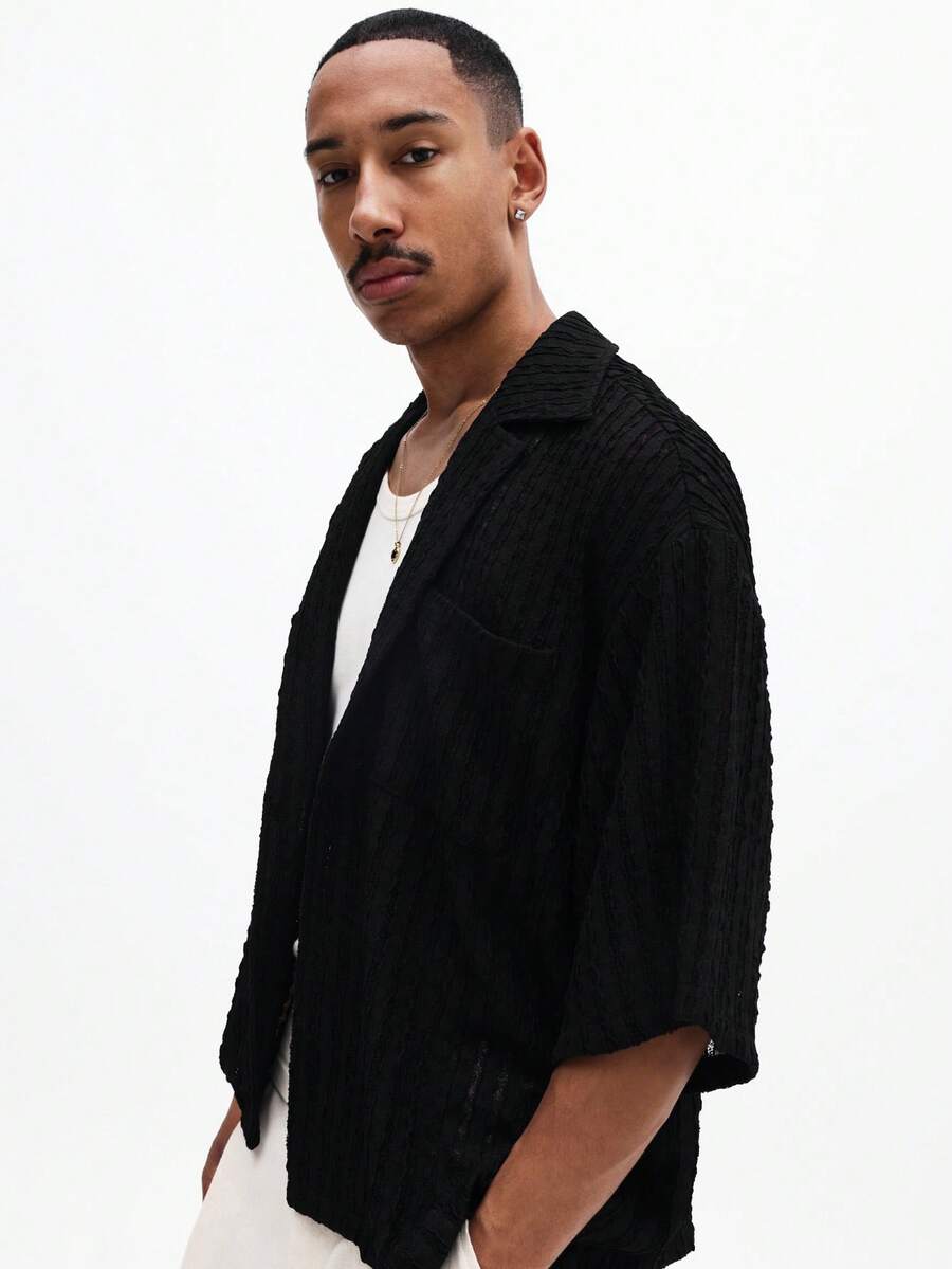 SUMWON Men's Black Textured Short Sleeve Button Down Shirt Open Front Lightweight Summer Casual Relaxed Fit Collared Top - Black - View 1