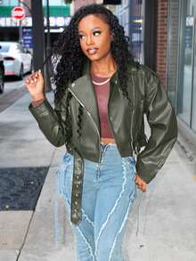 Steph T Women's Fashion Zip-Up Stand Collar Motorcycle Jacket, Autumn Fall Winter Cloth For Women - Army Green - View 5
