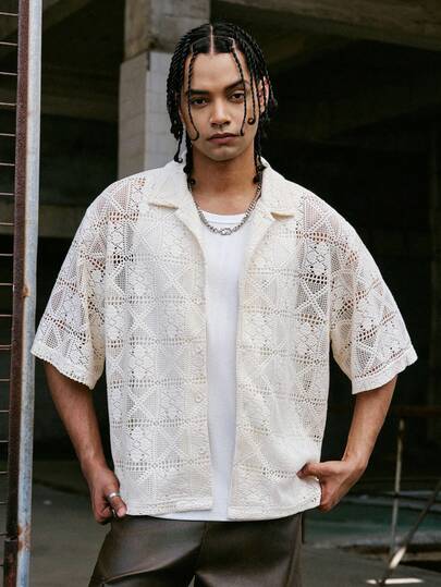 PAVTROS Men's Solid Color Loose Dropped Shoulder Turndown Collar Hollow Out Short Sleeve Shirt