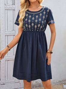 EMERY ROSE Đầm ngắn tay thắt eo họa tiết hình học dành cho nữ, thích hợp cho kỳ nghỉ hè ở bãi biển. - Màu xanh hải quân - Xem 3