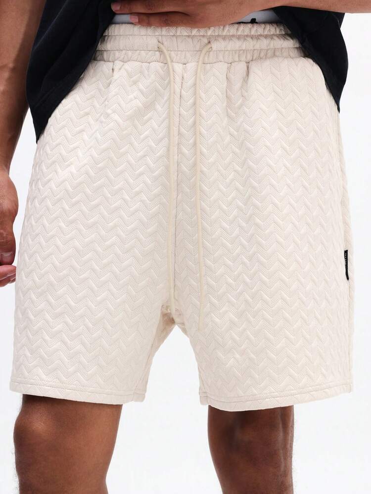 Herringbone Pattern Drawstring Shorts With Elastic Waistband