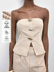 Maija Women's Spring And Summer New Style White Three-Dimensional Metal Decoration Urban Modern Daily Casual Tube Top Suitable For Going Out Festival Party Date Wear Party Wedding Music Festival Old Money 90s Women's Clothing Bohemian, Striped Metal Buckle Design Strapless Shirts Summer Tops Strapless Neutral Clothes For Women Beige Two Piece Set Sea Shell Outfit V - Multicolor - View 1
