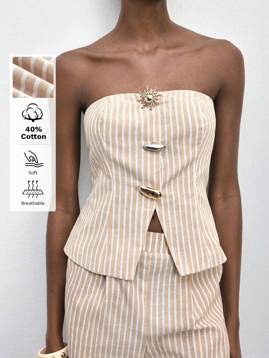 Maija Women's Spring And Summer New Style White Three-Dimensional Metal Decoration Urban Modern Daily Casual Tube Top Suitable For Going Out Festival Party Date Wear Party Wedding Music Festival Old Money 90s Women's Clothing Bohemian, Striped Metal Buckle Design Strapless Shirts Summer Tops Strapless Neutral Clothes For Women Beige Two Piece Set Sea Shell Outfit V - Multicolor - View 1
