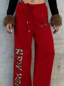 Bearsaez Women's Daily Wear Athleisure New Year Leopard Baggy Straight Pants - Red - View 4