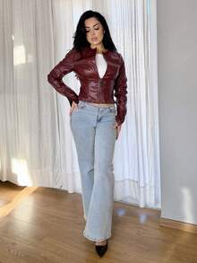 Vassilux Wine Red Street Style Long Sleeve Leather Jacket,Leather Jacket,Burgundy ,Punk,,Fall Clothes For Women,Winter,Cropped Jacket,Streetwear, - Burgundy - View 1