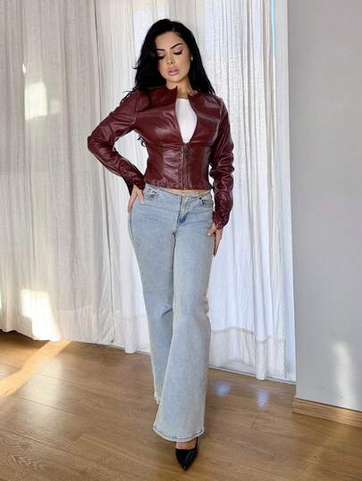 Vassilux Wine Red Street Style Long Sleeve Leather Jacket,Leather Jacket,Burgundy ,Punk,,Fall Clothes For Women,Winter,Cropped Jacket,Streetwear,