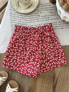 LMoss Kids 女婴可爱碎花弹力腰裙裤，夏季 - 紅色 - 查看 4