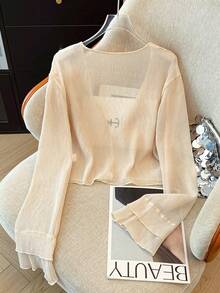 K-Vae Women's Delicate Textured Lightweight Sheer Cardigan, Short Pearl Button Shrug For Summer - Apricot - View 2