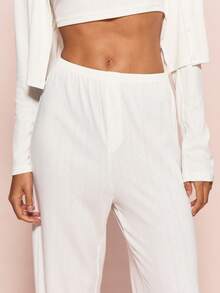 MISSGUIDED Women Cropped Cardigan Long Sleeve Button Front Top With Wide Leg Casual Pants Lounge Set Sleepwear Relaxed Fit Comfort Wear - White - View 5
