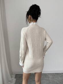 Selianne 春夏通勤优雅人字纹插肩袖圆领蕾丝边杏色针织套头连衣裙 - 杏色 - 查看 2