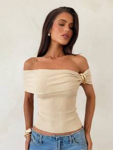 Aloruh Top de punto elegante beige para mujer para salir de noche en verano,Suéter acanalado asimétrico con hombro descubierto y decoración metálica,Pullover vintage ceñido, Streetwear - Albaricoque - Ver 11
