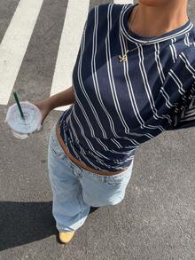 Muchica 女士圆领条纹休闲百搭日常长袖T恤 - 藍色 - 查看 4