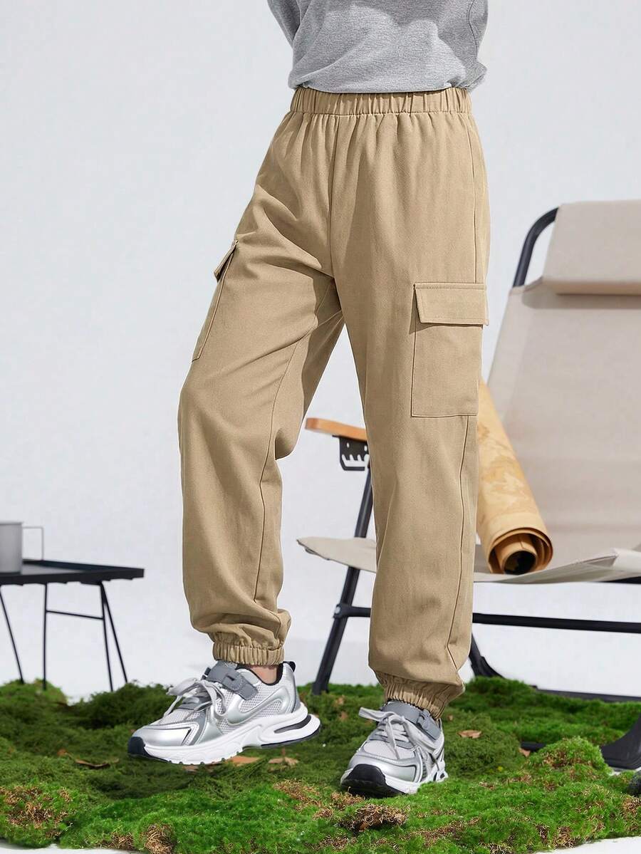 SHEIN 男童休闲纯色工装裤 - 卡其色 - 查看 1