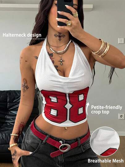 SHEIN Coolane Petite 女士小码夏季街头风休闲性感透气网纱数字图案弹力白色V领露背吊带短款上衣，适合小码身材，具有拉长身形的效果