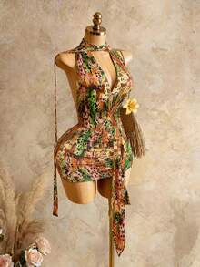 Mistrie 女士时尚性感印花露背吊带迷你连衣裙，夏季 - 彩色 - 查看 4