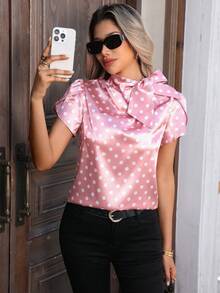 Pariaura Women's Elegant Bow Tie Collar Short Sleeve Blouse, Fashion Spring/Summer Ladies Top, Red Summer Shirt, Party Wear, Polka Dot Fitted Shirt, Beach, Birthday - Pink - View 1