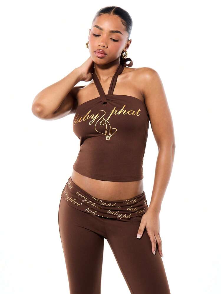 BABYPHAT レディース タイネック ホルターネック スタイル ジャージートップ テキストプリント ブラウン ノースリーブ クロップド バンドゥブラウス