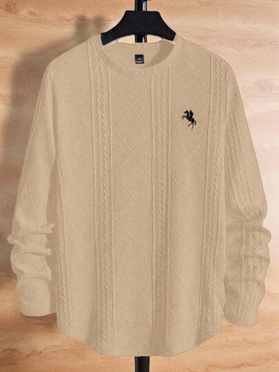 HIMLAND Men's Casual Herringbone Diamond Pattern Solid Color Embroidered Centaur T-Shirt Jersey Sweater Knit Sweater Cable Knit Sweater Men Mens Sweaters Polo Sweater