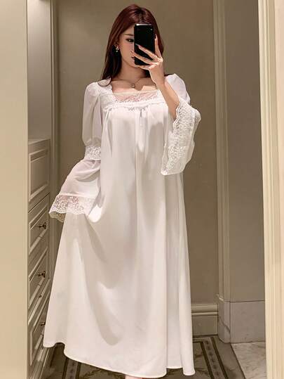 DAZY 女士纯色蕾丝拼接方领休闲长袖睡裙