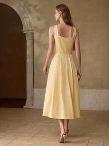 MOTF PREMIUM WOMEN'S LINEN & TENCEL BLEND YELLOW MIDI DRESS, CASUAL & DATE WEAR, SPRING/SUMMER - Yellow - View 4