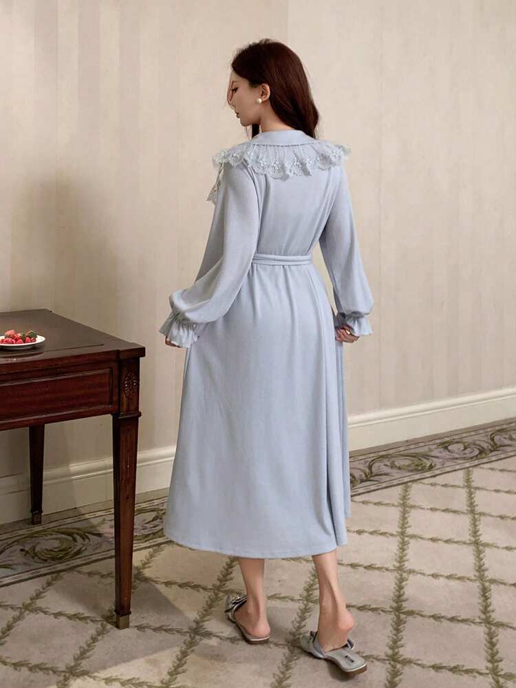 Women's Lace Patchwork Long Nightgown And Camisole Sleepwear Set, Autumn/Winter