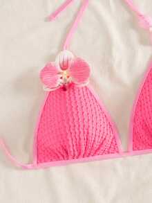 Swim Vcay Bộ bikini buộc dây cổ 3 món dành cho nữ, thích hợp mặc đi biển mùa hè, họa tiết hoa 3D. - Màu Hồng Tươi - Xem 4