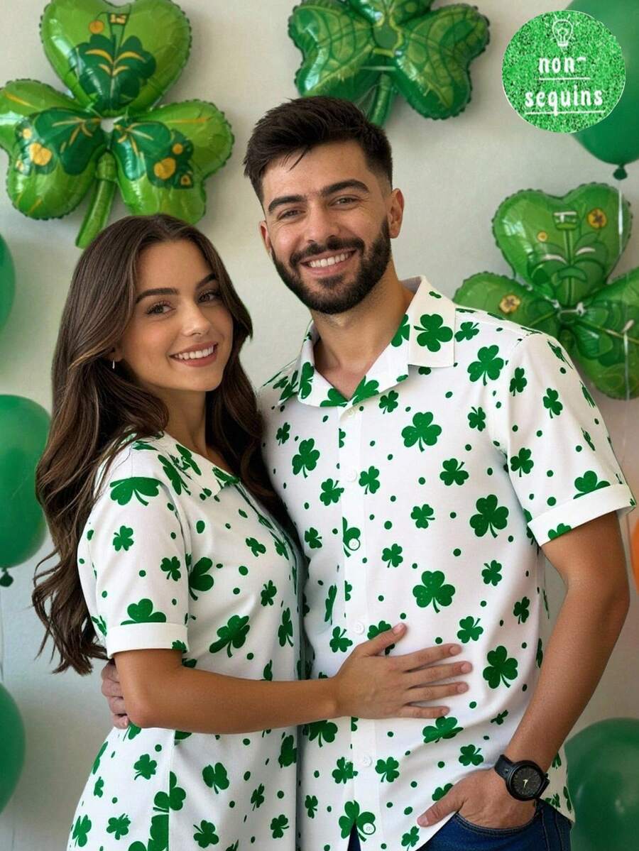 Manfinity VCAY Áo sơ mi nam tay ngắn in họa tiết cỏ ba lá, kiểu dáng casual, thời trang thường ngày, phiên bản Lễ Thánh Patrick. Áo sơ mi nam dáng ôm tay ngắn cài cúc với họa tiết cỏ ba lá giả, in kỹ thuật số toàn bộ, thích hợp cho các bữa tiệc ngày lễ, hẹn hò, làm quà tặng cho bạn trai, chồng khi đi chơi. Áo sơ mi nam mùa hè, áo sơ mi in họa tiết cỏ ba lá, áo sơ mi nam cài cúc, áo sơ mi Lễ Thánh Patrick, áo sơ mi nam in họa tiết.