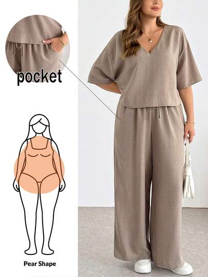 Shapeblank Plus-Size Women's Spring/Summer Fashion Casual Loose Comfortable Everyday Basic Slimming V-Neck Short-Sleeved Crop Top And Wide-Leg Pants Khaki Two Pieces Set,Summer Clothes,Pants Set,Vacation Outfits Blouse And Pants Set Two Piece Set Women Comfy