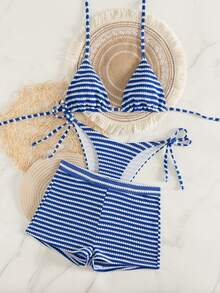Swim Vcay 3pcs Women's Striped Textured Fabric Vacation Casual Summer Beach Bikini Set And Briefs Striped Bikini Beach Set For Women Summer Bathing Suits - Blue - View 3