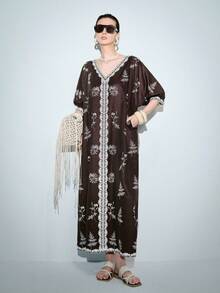 Lumivelle 女士V领半袖印花宽松连衣裙，带口袋，春夏款 - 棕色 - 查看 7