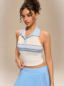 Hanevo Summer New Casual Elegant Beach Vacation Sports Exercise Polo Collar Sleeveless Short Women Top - Multicolor - View 3