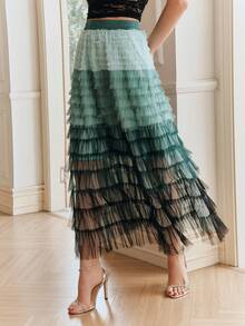 Anewsta Gradient Green Mesh Patchwork Tulle Skirt, Suitable For Party And Daily Wear - Green - View 5